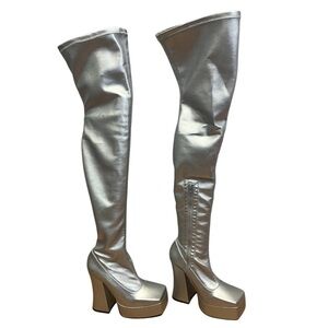 L’Intervalle Over The Knee Leather Silver Platform Boots